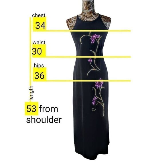 Long Black Gown with Lavender Embroidered Flowers and Crisscross Back Maxi Dress - Picture 14 of 15